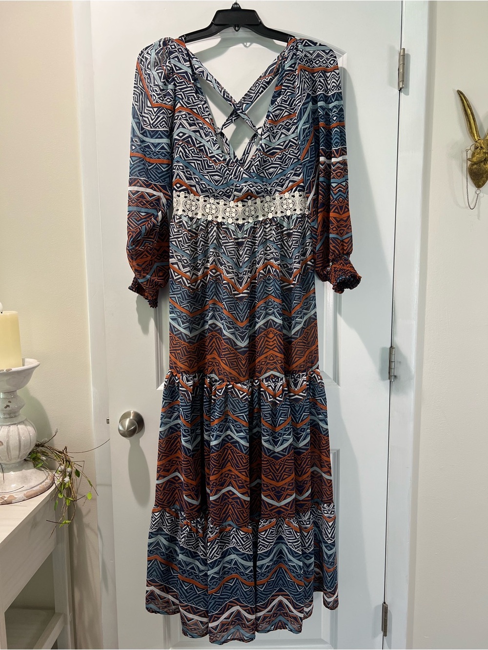 VENUS Blue & Rust Geometric Maxi Dress w/Lace Waist & Lace Up Back. Size 16